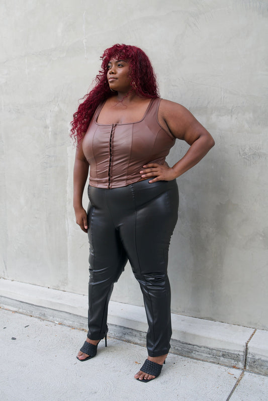 Curve Vegan Leather Corset Brown Top