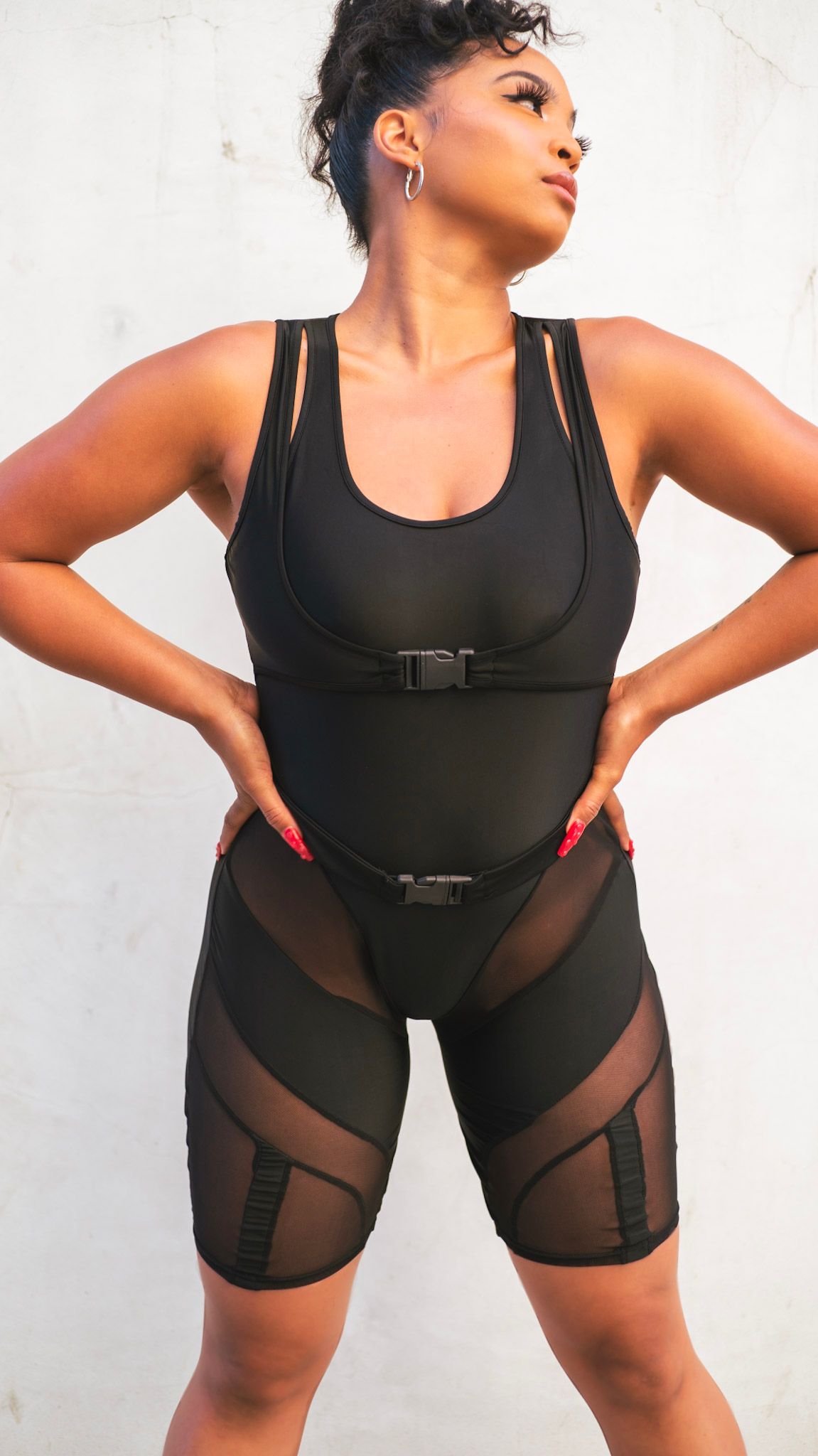 Sheer Panel Body Suit w/ Buckle Detail